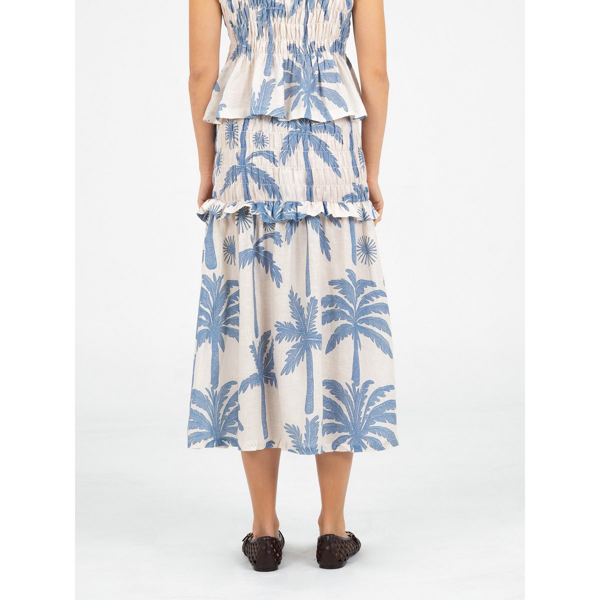 Gonna midi in lino smock con stampa palme di Elios