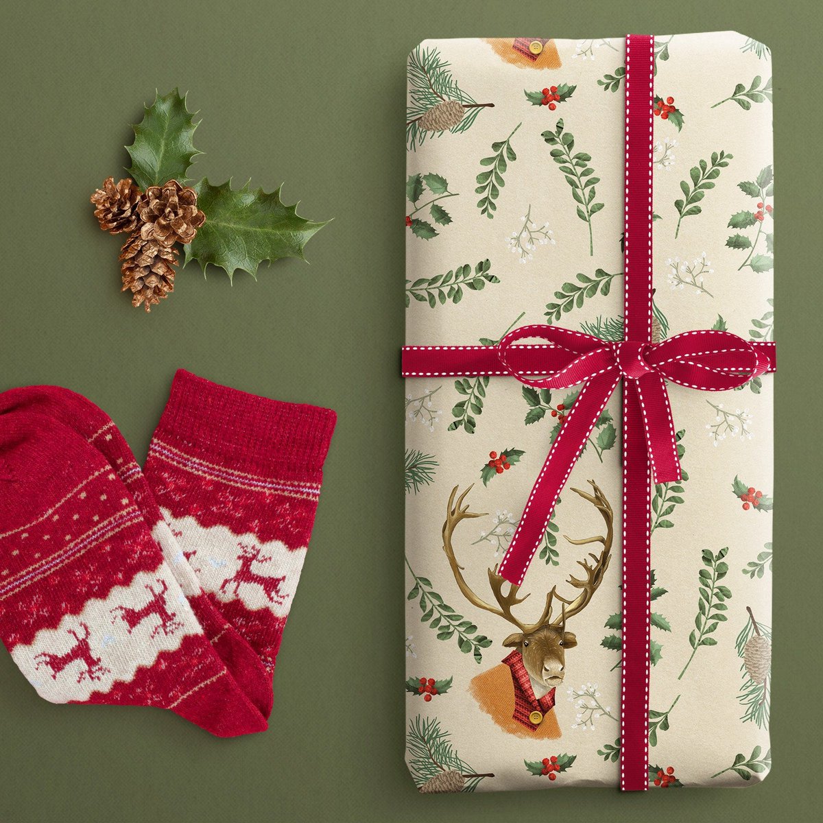 Geschenkpapier Weihnachten Rentier – Ricardo im Strickpulli (3er-Set)