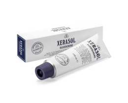 A white and blue tube of Xerasol Shaving Cream (125 ml) for beard care. The cream is designed to provide a smooth and comfortable shaving experience.