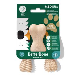 Medium-sized beef-flavored dog chew toy made from natural materials without nylon, produced in a CO2-neutral manner in Europe.