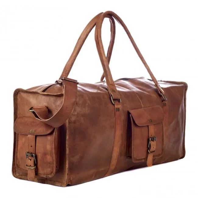 Borsa da viaggio marocchina in pelle "4 bordi" fatta a mano - Borsone Voyager artigianale da 22" (55 cm) con organizzazione a tripla tasca