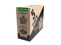 Five-pack of premium licorice candies in a cardboard box. Dark brown licorice pieces with a rich, chewy texture.