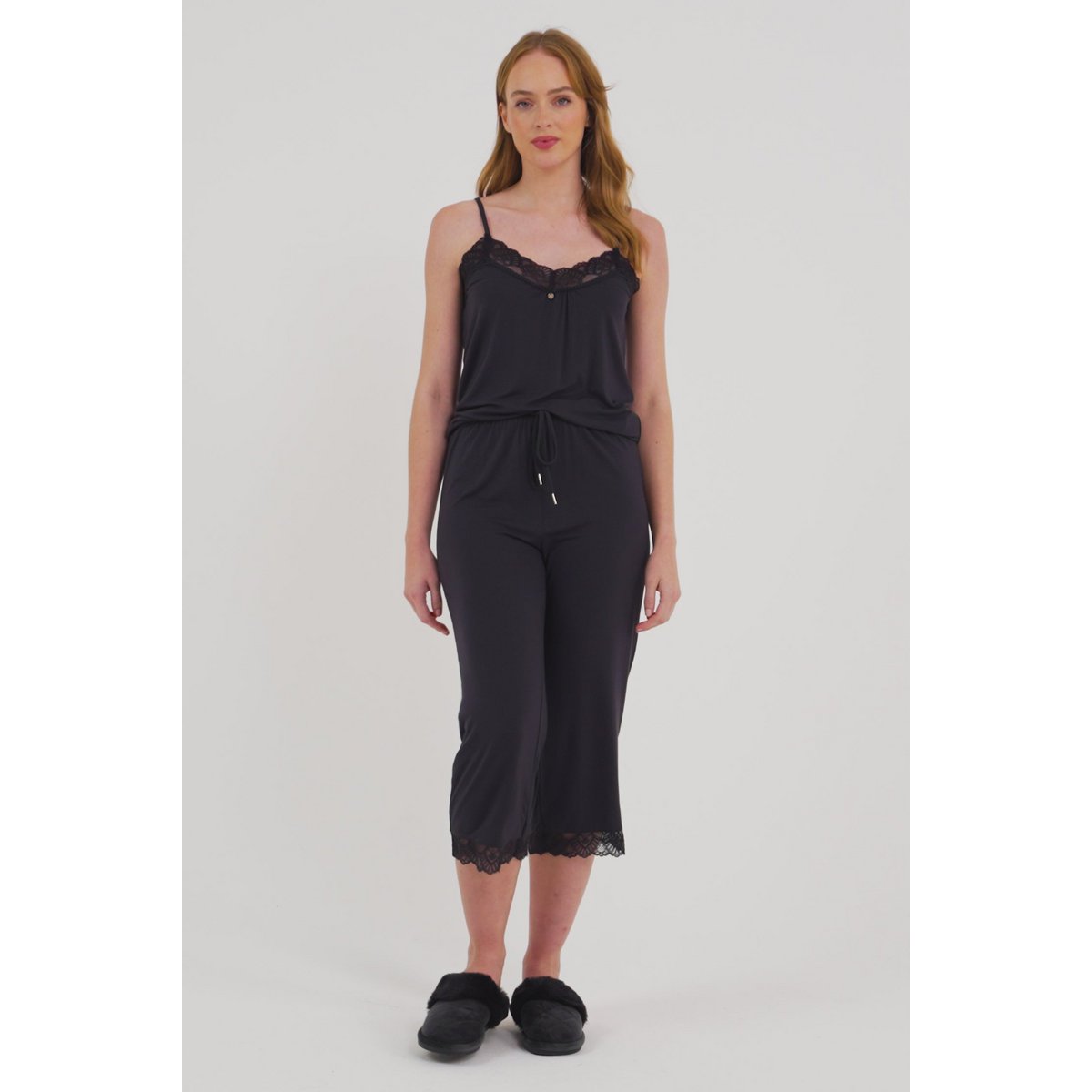 Bamboo Lace Cami Cropped Trouser Pyjama Set in Raven