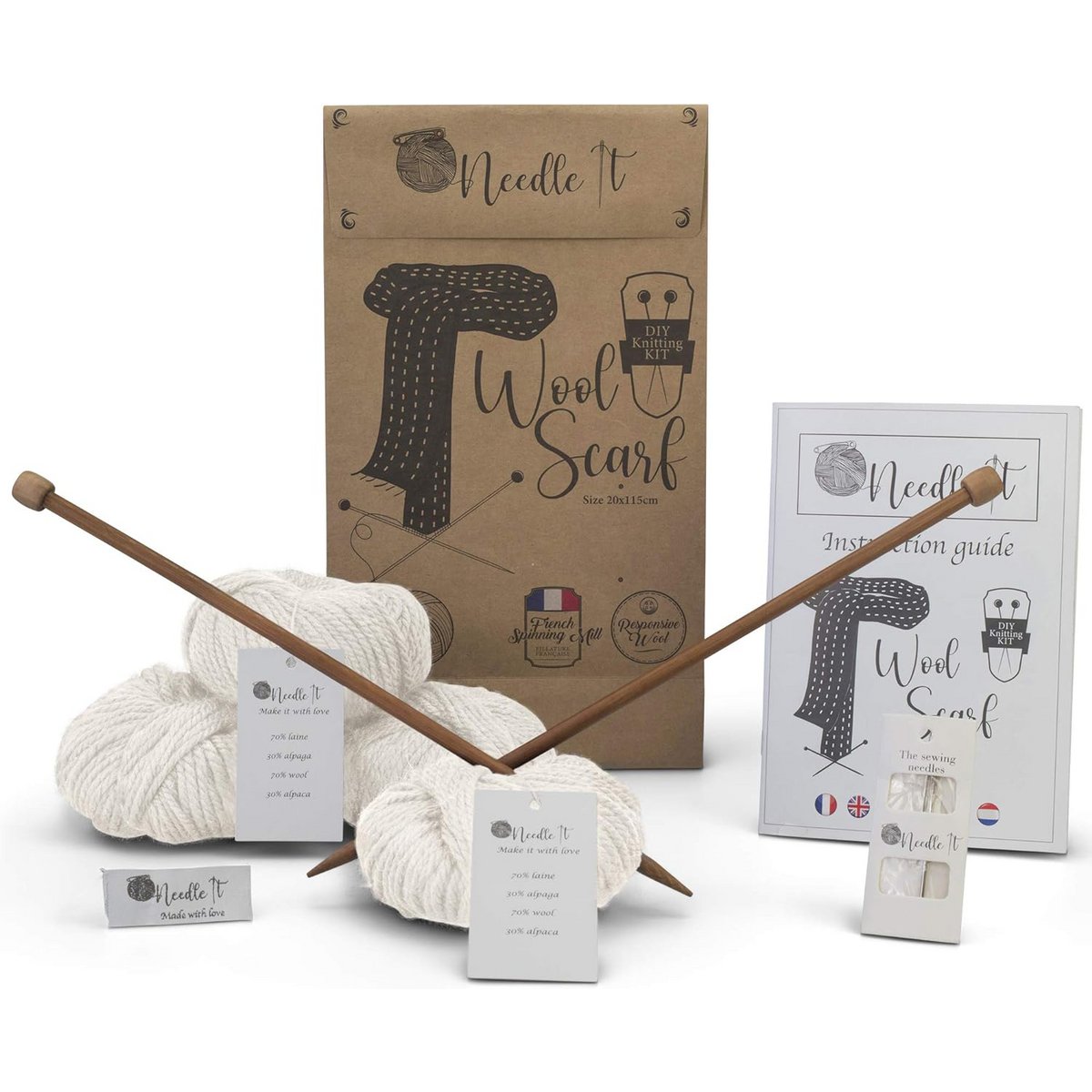 NEEDLE IT® Kit per lavorare a maglia per adulti principianti completo di ferri da maglia – Sciarpa di lana lavorata a maglia fai da te – Idea regalo (Ecru)