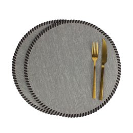 Juego de 4 manteles individuales redondos gris jeans con borde de tiras de cuero