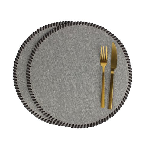 Tischset 4er Set rund Jeans grau mit Umrandung Lederband