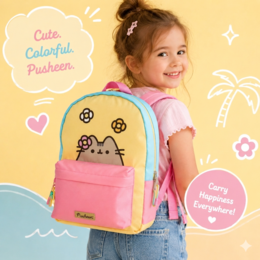 Cute Pusheen cat backpack, pink and yellow, flowers, kawaii design, kids school bag.