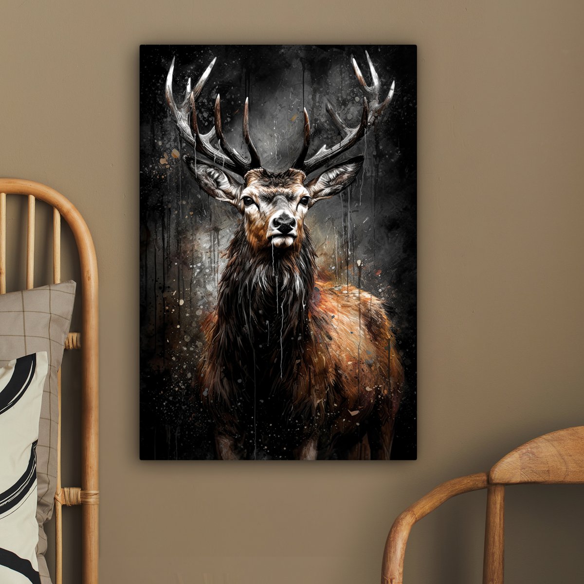 Leinwand Malerei - Wanddekoration Hert - Schwarz - Tier - Hirschbett - Wanddekoration Wohnzimmer - Schlafzimmer Dekoration - Raumzubehör - Leinwand Gemälde