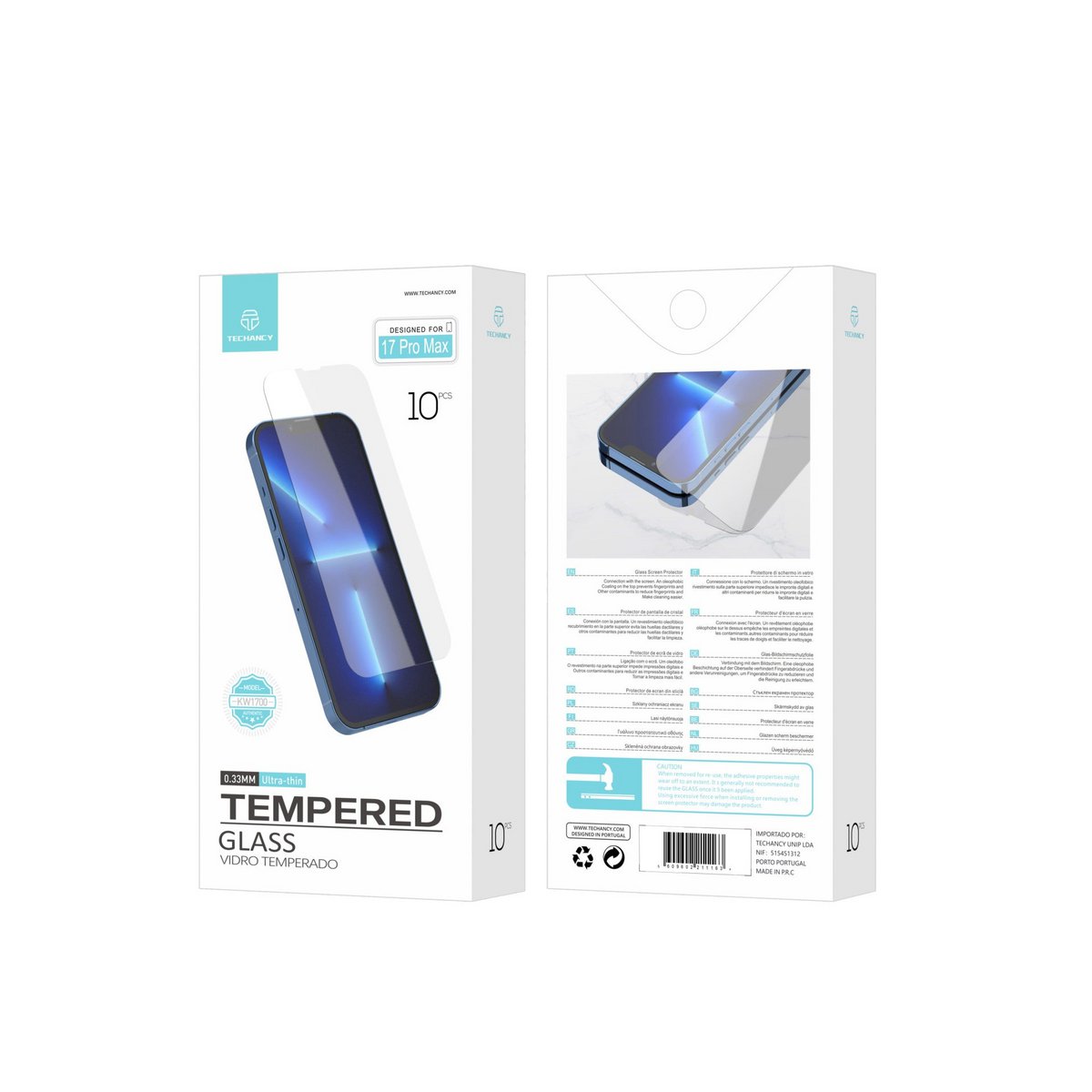 Techancy hærdet glasfilm til iPhone 17 Pro Max KW1700, 0,33 mm ultratynd, anti-fingeraftryk, anti-ridse, HD klar