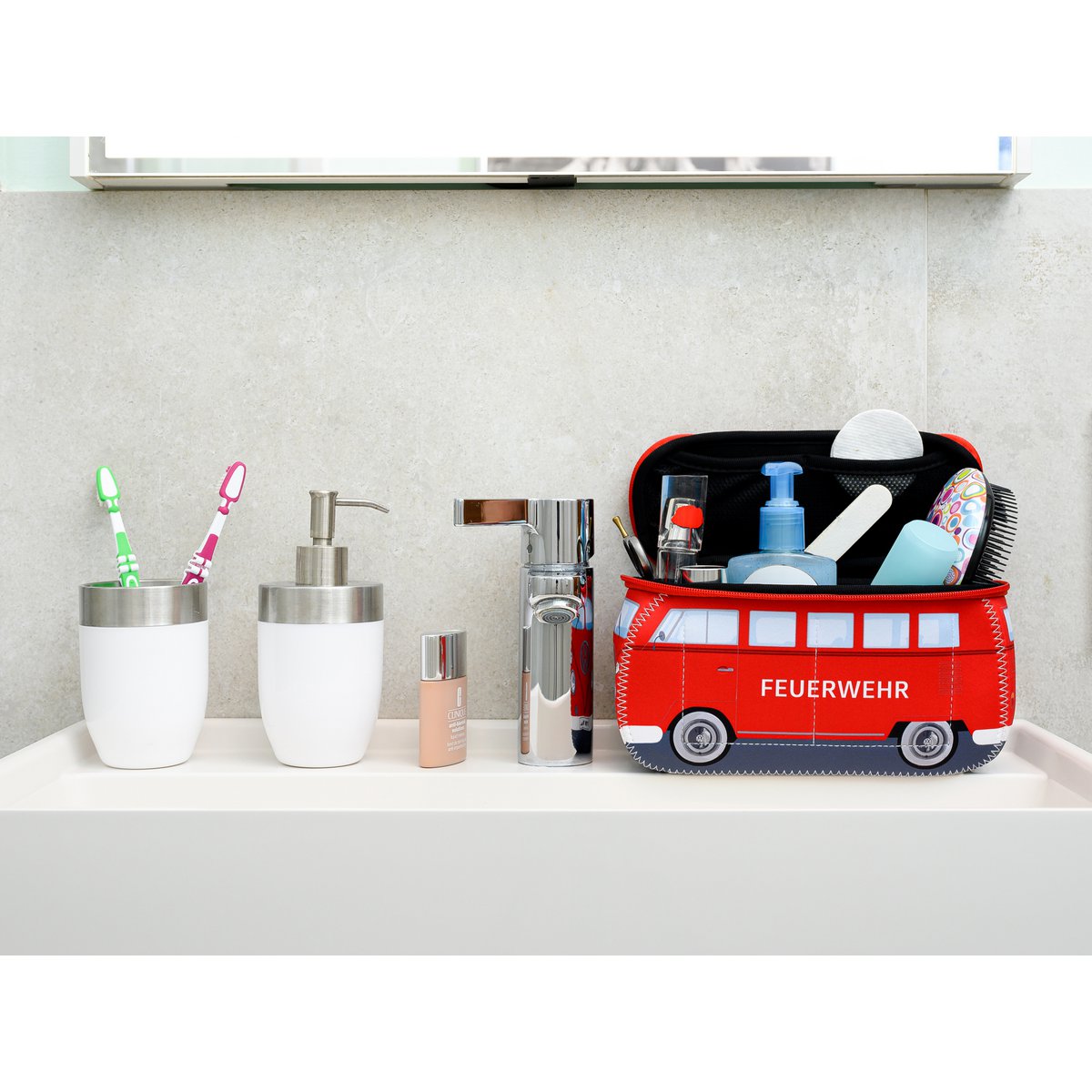 Volkswagen VW T1 Bus 3D Neopreen Universele Tas - Klein - Feuerwehr/Brandweerwagen/Rood
