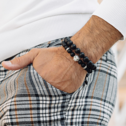 Pulsera de hombre de ÓNIX NEGRO con cabeza de LEOPARDO plateada