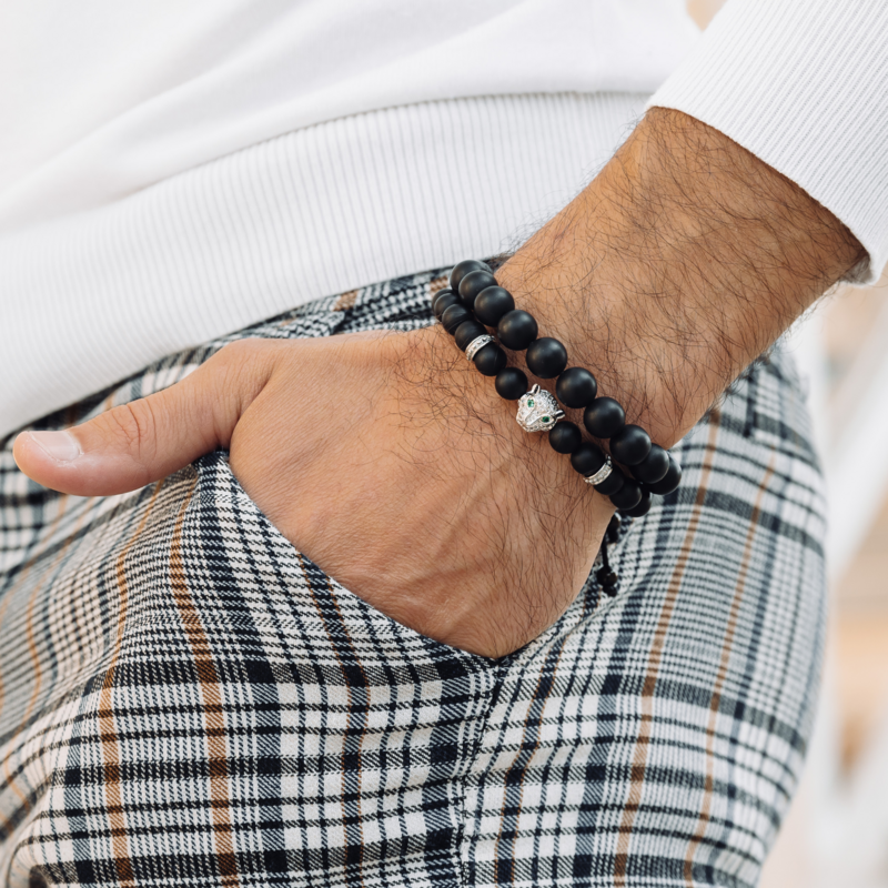 Pulsera de hombre de ÓNIX NEGRO con cabeza de LEOPARDO plateada