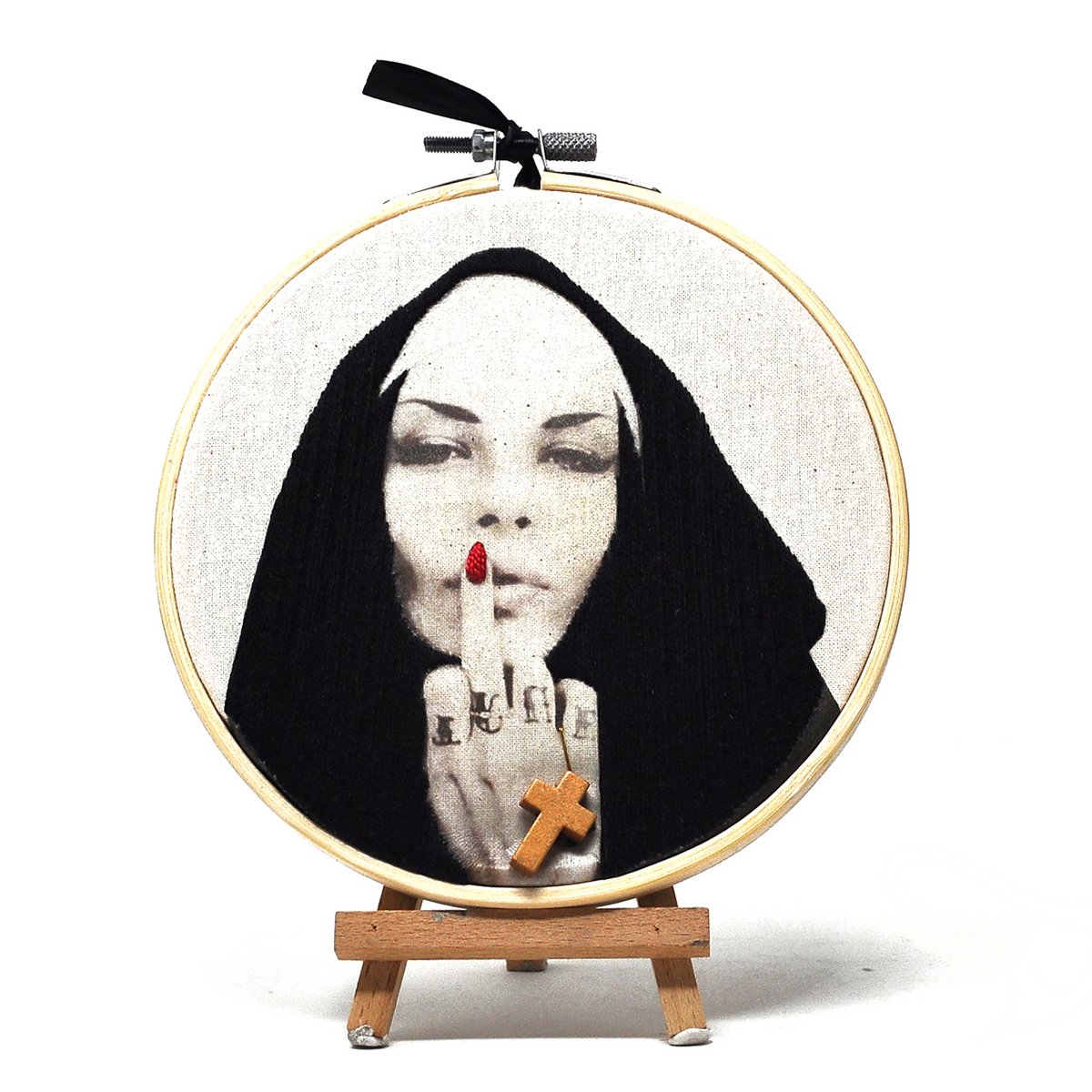Handmade Embroidery Hoop Wall Art - Rebel nuns - Textile Wall Decoration (15cm)