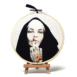 Handmade Embroidery Hoop Wall Art - Rebel nuns - Textile Wall Decoration (15cm)