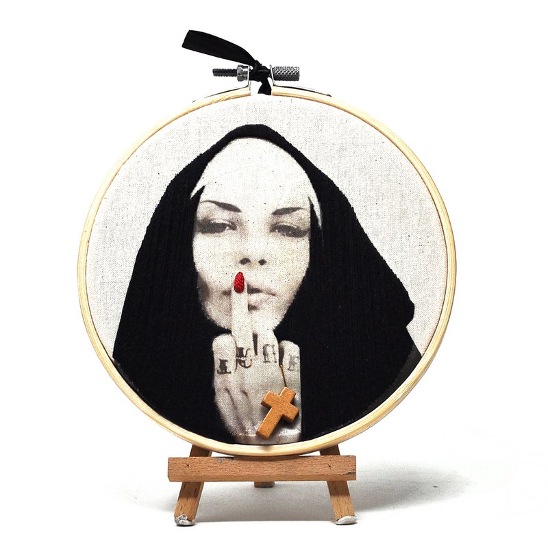 Handmade Embroidery Hoop Wall Art - Rebel nuns - Textile Wall Decoration (15cm)