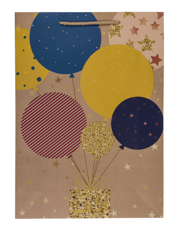 Paper gift bag, ballooons & candles,