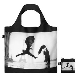  "Large recycled shopping bag, black and white design, Eiffel Tower Paris silhouette, foldable tote"