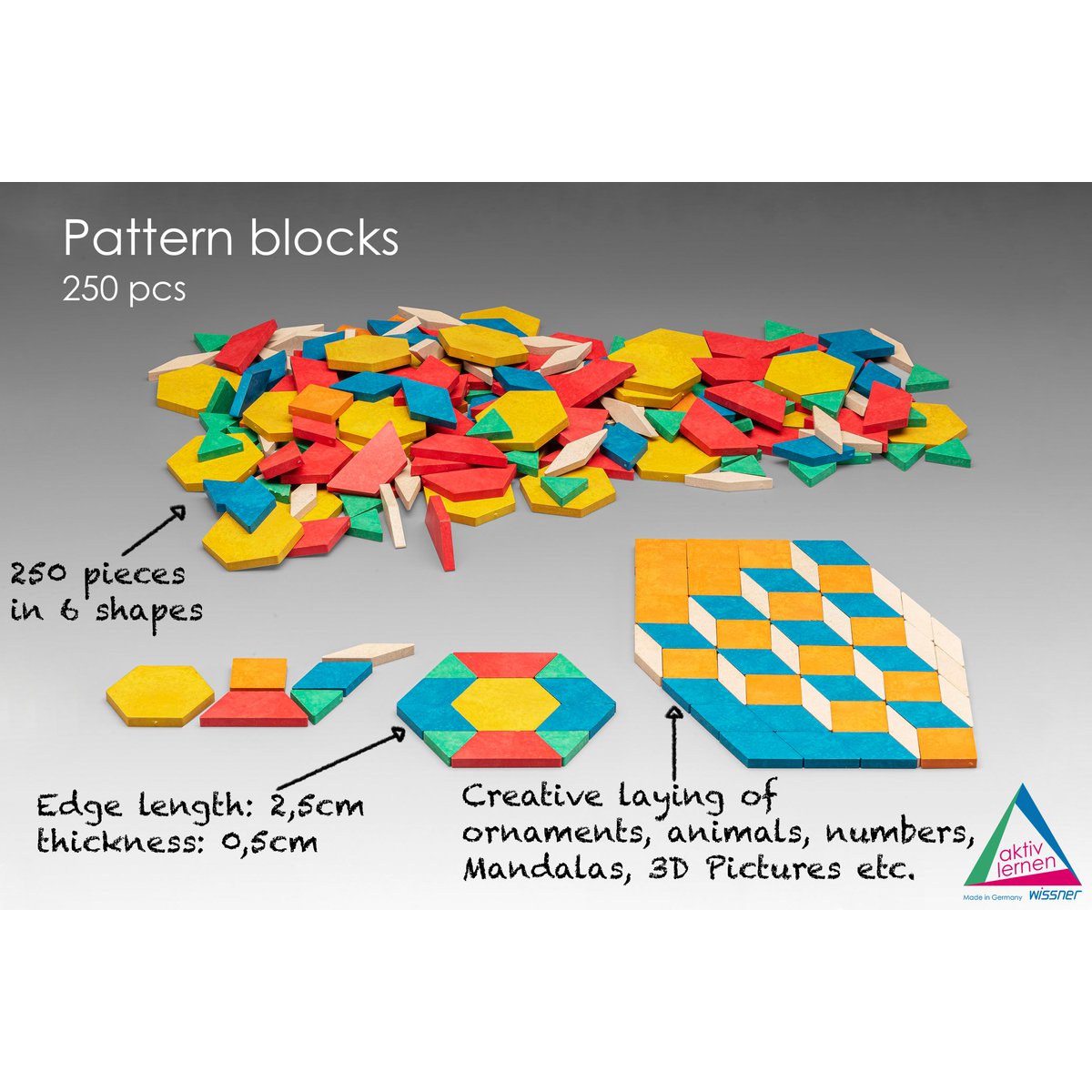 Geometryczne układanie płytek Pattern Blocks (250 sztuk) | Symetria mandali RE-Wood®