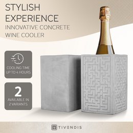  A concrete wine cooler with a furniture-friendly underside, designed to keep champagne or other cold drinks chilled for hours. The cooler features a geometric pattern on the exterior.