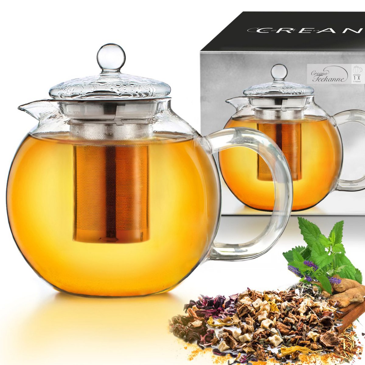 Creano Glas-Teekanne 1,7l mit Edelstahl-Sieb