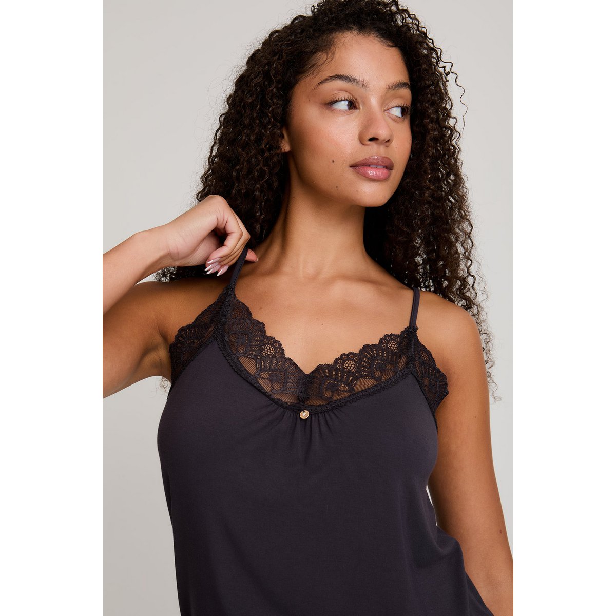 Bamboo Lace Cami Cropped Trouser Pyjama Set in Raven