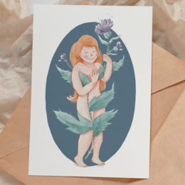  A postcard featuring a whimsical illustration of a young woman with red hair surrounded by colorful flowers and leaves.