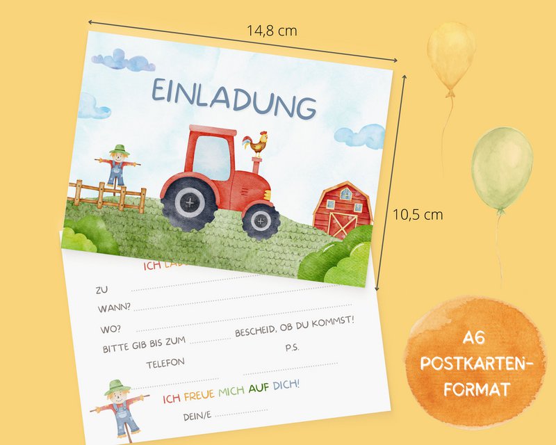 Traktor Einladungskarten - Bauernhof Einladungskarten Set zum Ausfüllen inkl. Umschläge - Bauernhof Kindergeburtstag - Mottoparty Trecker