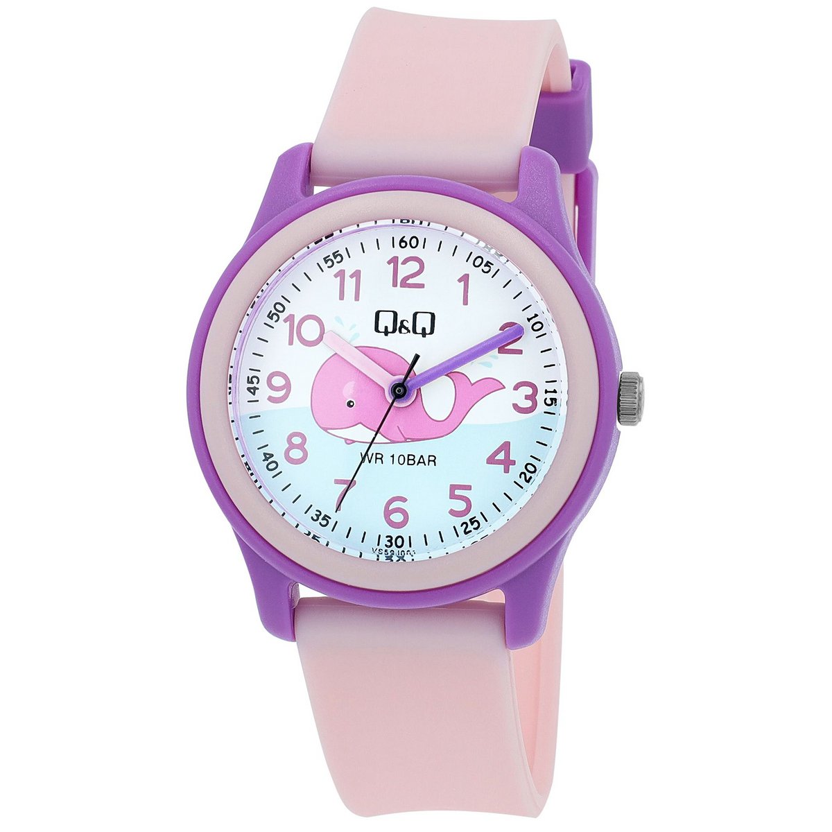 Orologio per bambini Q&Q con cinturino in silicone, "Whale", 10 bar, rosa