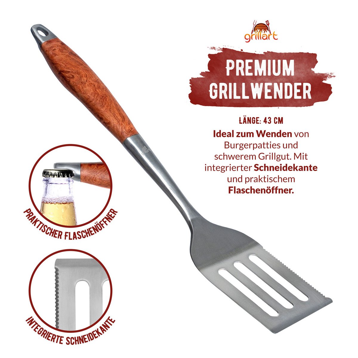 Juego de cubiertos grillart® premium grill, 3 piezas de acero inoxidable de alta calidad y elegantes mangos de madera