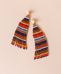 Colorful, beaded statement earrings with a mix of gold, silver, and vibrant hues. The earrings feature a unique, striped pattern that adds a bold, eye-catching look.