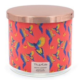A round, tall scented candle with a vibrant, tropical design featuring colorful parrots and exotic jasmine fragrance.
The scented candle has a round, tall shape and is decorated with a vibrant, tropical design featuring colorful parrots in flight against a bright orange background. The candle is scented with exotic jasmine, which is a floral, sweet fragrance. The candle is 400g in size.