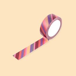 Retro-style washi tape with vibrant, multicolored stripes. Ideal for decorative crafting, scrapbooking, and DIY projects.
