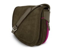 Khaki suede handbag with pink border, suitable for casual or formal wear.