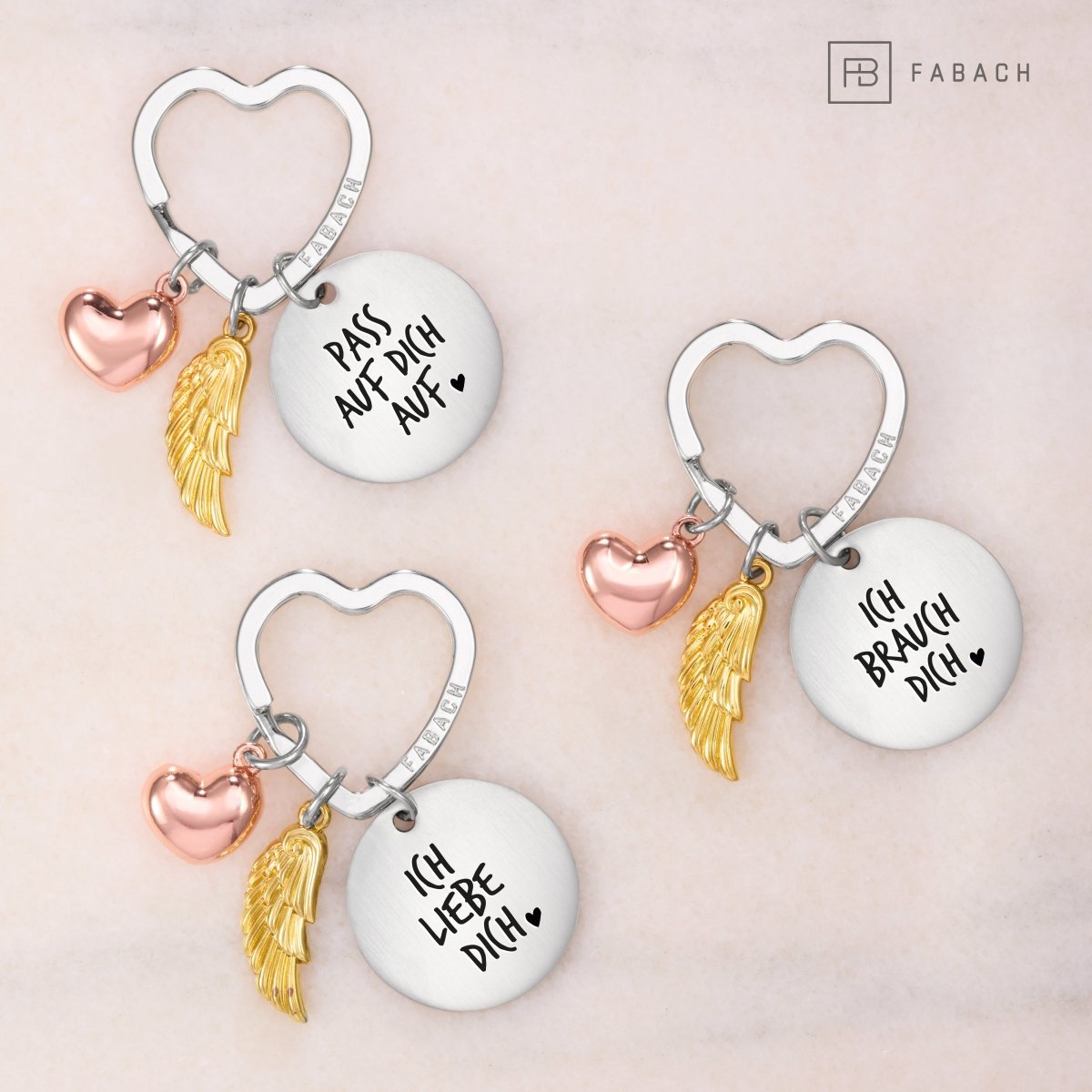 "I love you" guardian angel keychain - angel wing heart lucky charm and engraved plate with a loving message