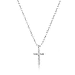 A delicate 18K white gold cross pendant necklace with sparkling diamonds, perfect for everyday wear or special occasions.