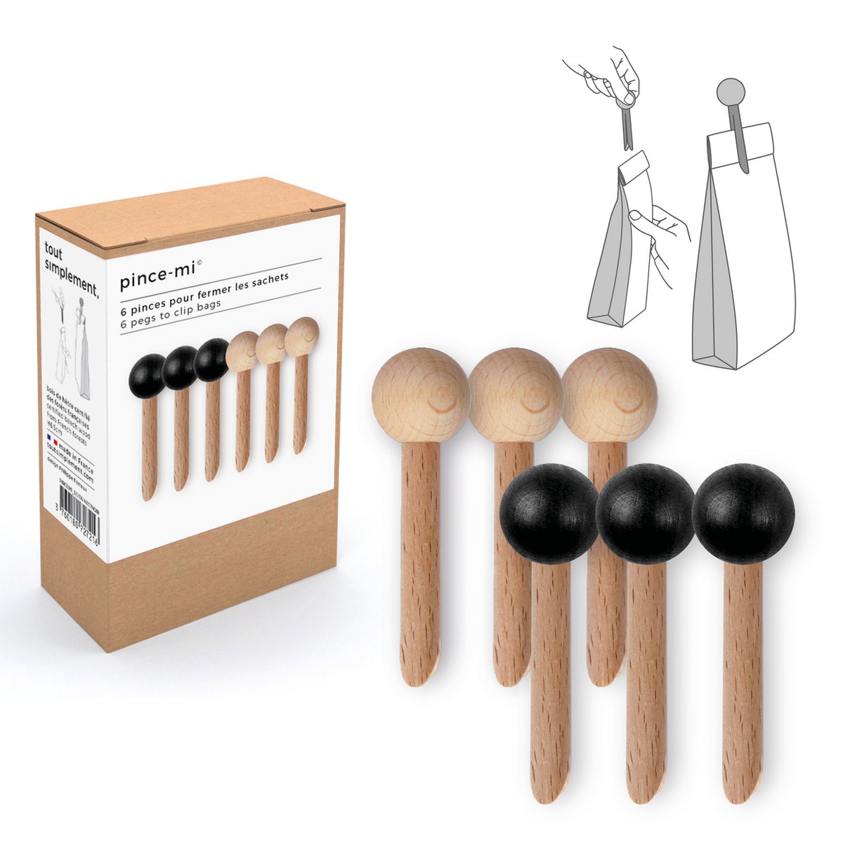box of 6 wooden bag clips - natural / black