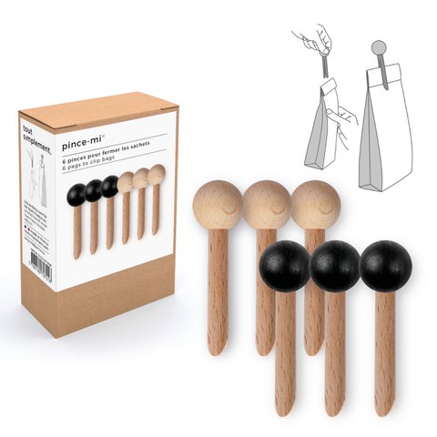 doos met 6 houten tasclips - naturel / zwart