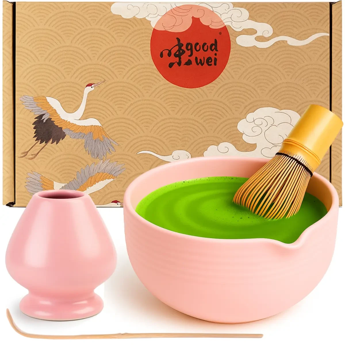 Matcha Latte Set 4 pièces. - Bol verseur, fouet à matcha des années 80, support et cuillère