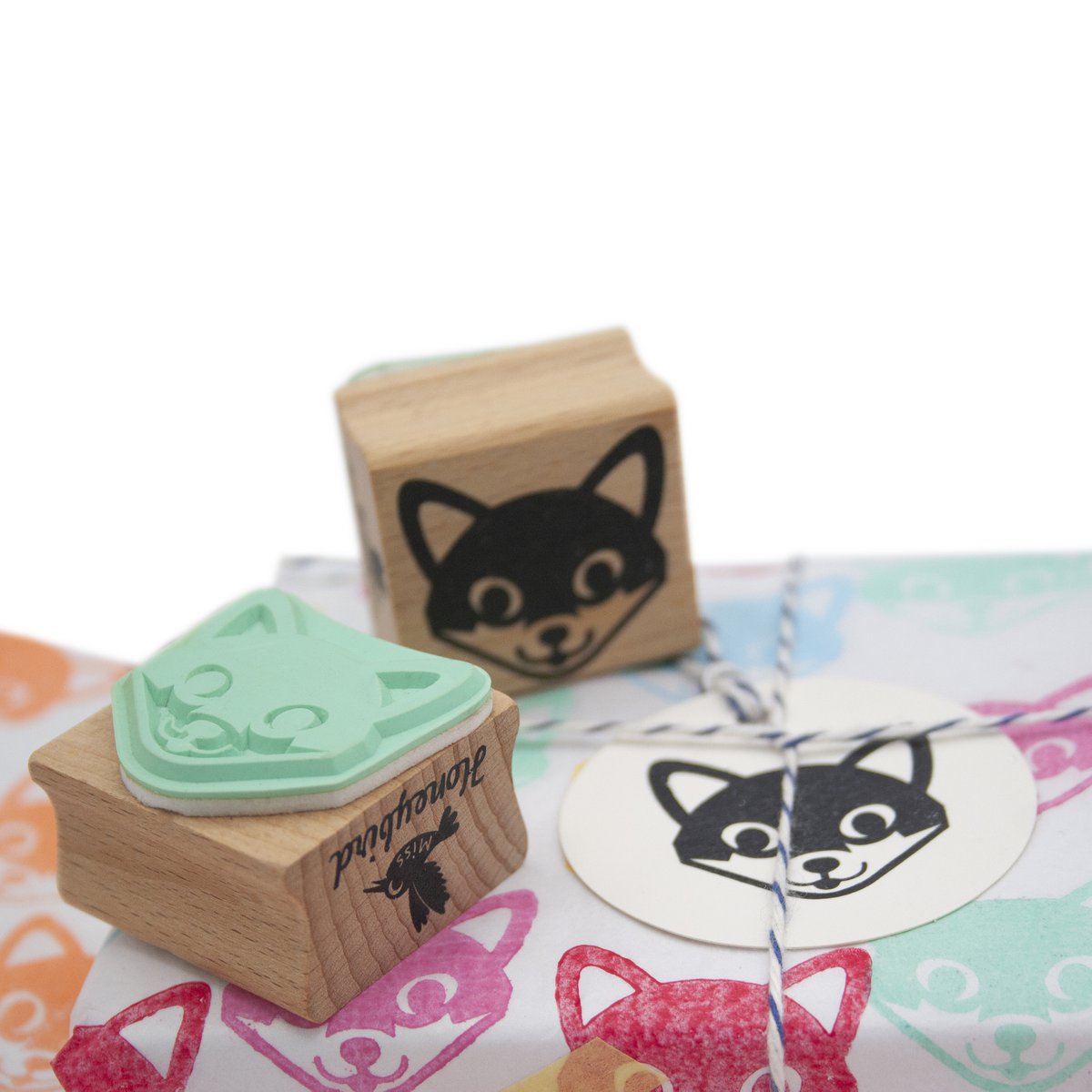 Smiling Fox Head Wooden Rubber Stamp