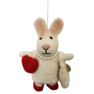 Luna-Leena bunny with bag and heart ornament - red - wool felt - handmade in Nepal