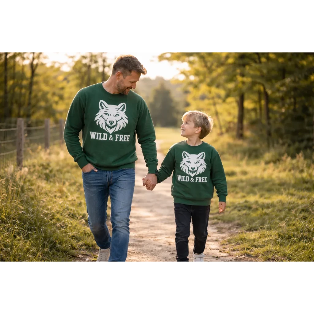 Green Kids' Sweater with Wolf Print – Wild & Free