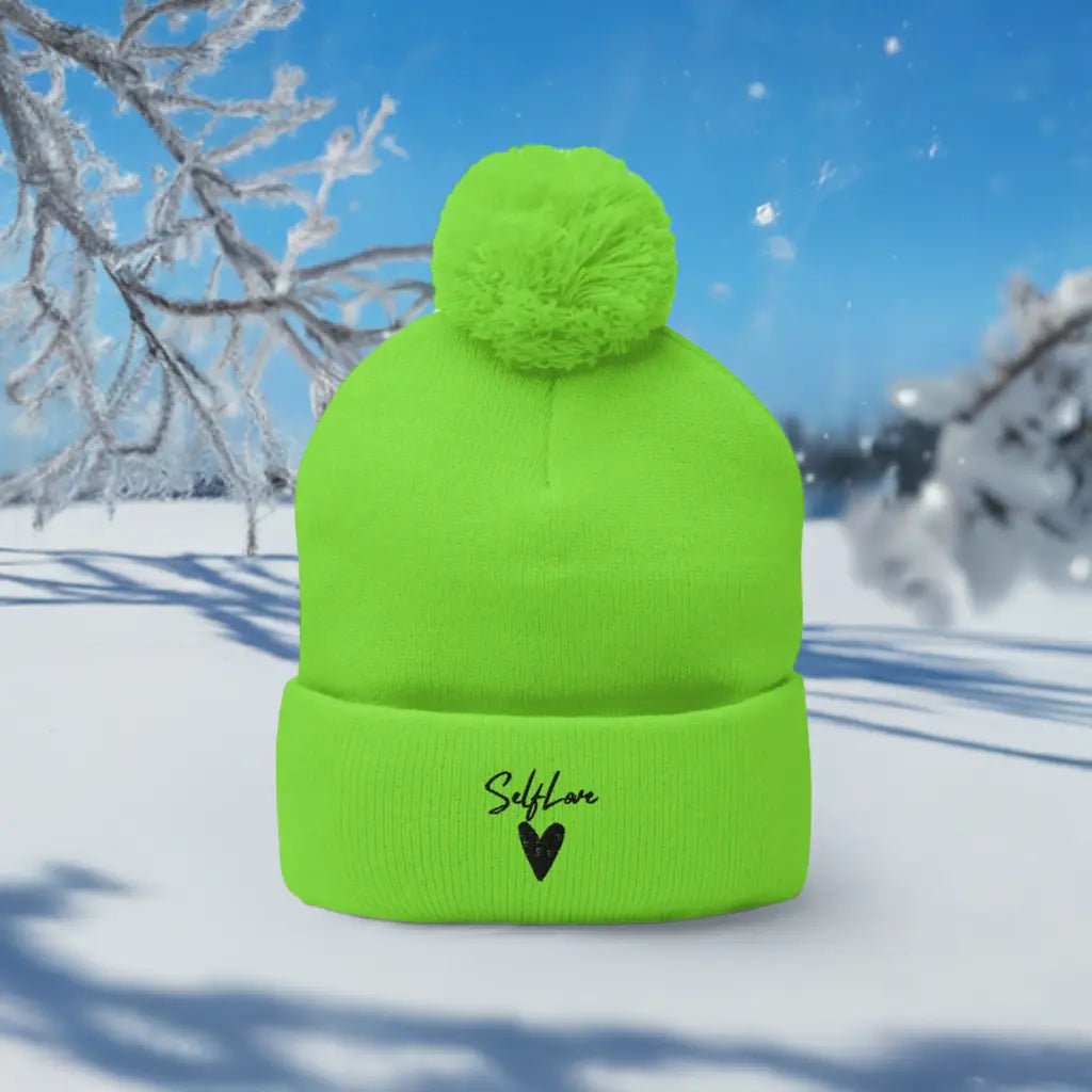 Self Love Pom-Pom Beanie - Women's Beanie with Embroidery
