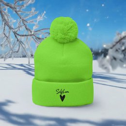 Self Love Pom-Pom Beanie - Women's Beanie with Embroidery