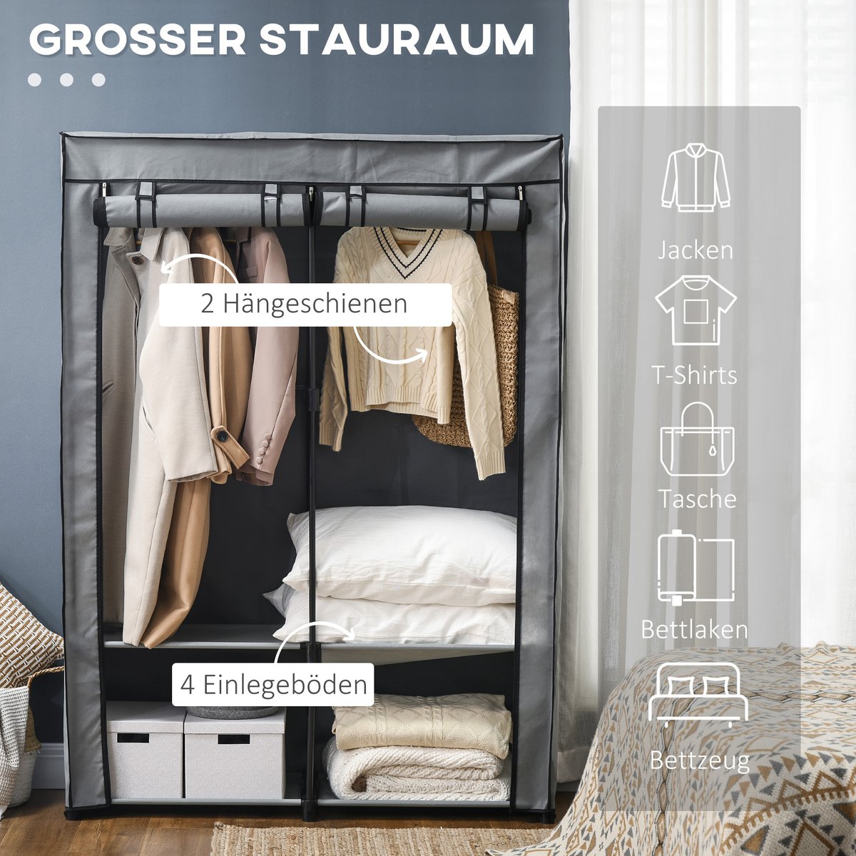 Fabric Closet Storage Solution 4 Shelves 2 Clothes Rails Gray