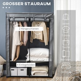 Fabric Closet Storage Solution 4 Shelves 2 Clothes Rails Gray