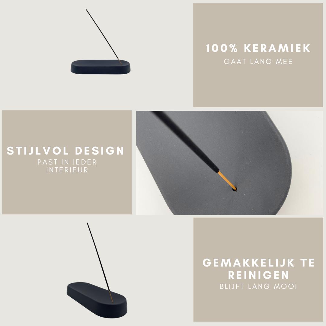 Røgelseholder - keramik - sort - oval - 22 x 9 x 3 cm