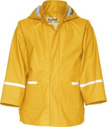 A yellow rain jacket for kids, featuring a hooded design and reflective strips for visibility. The jacket is available in sizes 74, 116, 140, 80, 128, 92, 104, 86, and 98.