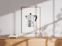  A poster featuring a moka pot illustration, suitable for a kids' room. The poster has a minimalist, black-and-white design with a simple, iconic image of a moka pot.