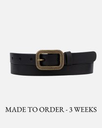  Vintage skinny leather belt in black, brown, camel, cobalt blue, green, navy, ochre yellow, off white, orange, taupe, and wine colors. Available in sizes XS-105. Made to order in 3 weeks.