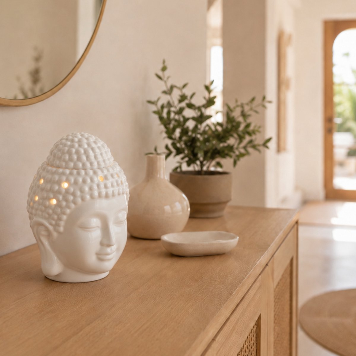 Bruciatore di profumo in ceramica Buddha Dhyana bianco - Atmosfera profumata - Oggetto di artigianato Zen - Aromaterapia facile - Bruciatore per fondente profumato - Decorazione FengShui - Testa di Buddha